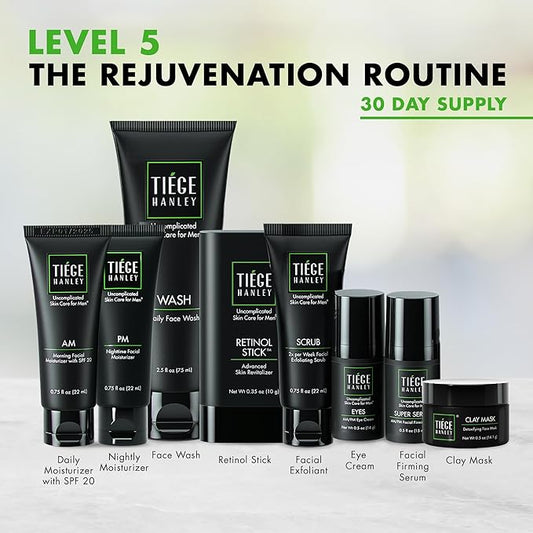 Tiege Hanley Skin Care Set for Men, Rejuvenation Routine, System Level 5, Face Wash, Scrub, Moisturizers, Eye Cream, Serum, Clay Mask, & Retinol Stick for Healthy Skin, Men’s Skin Care, 8 Piece Kit