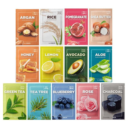 THESAEM Natural Sheet Mask Pack Set 13 Sheets - Korean Face Mask Variety Pack - Moisturizing, Revitalizing, Soothing, Elasticity - Vegan Sheet Essence Masks for All Skin Types