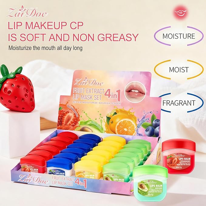 24 Packs Fruit Flavored Lip Balm set, Nourishing & Lip Balm Fruit Sets with Olive Oil, Peach, Jojoba Oil, Lip Care for Dry Peeling, Dull, Lip Lines, Moisturizing and Repairing Lipstick, 0.2oz
