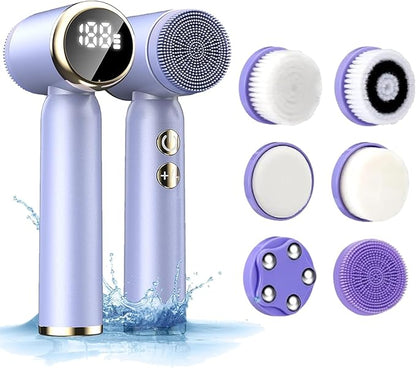 6-in-1 Facial Cleansing Brush, Electric Face Scrubber with 6 Brush Heads, 3-Speed Waterproof Spin Brush, Rechargeable Face Cleaner for Dry, Oily, and Sensitive Skin (Purple)