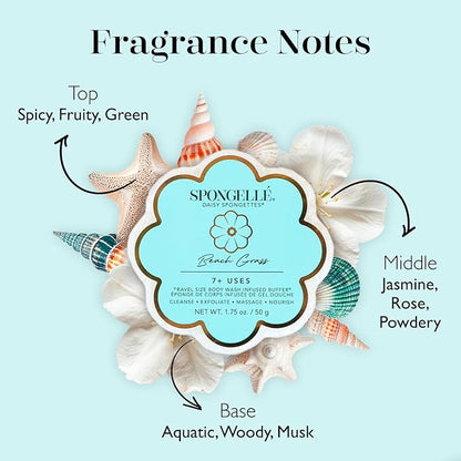 Spongelle Beach Grass Spongette Loofah Body Scrubber | Bath & Shower Loofah for Women | Body Scrubber Exfoliator with Body Wash Infused Sponge | 5+ uses | Crisp Marine, Green Tea & White Amber