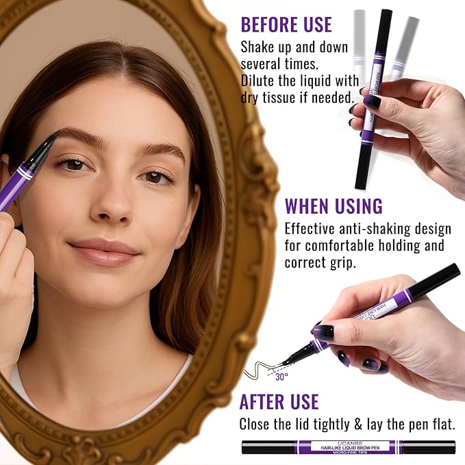 UCANBE Eyebrow Pen, Dual-Curved Eyebrow Pencils for Women, 2-in-1 Brow Pencil with 2-Fork-Tip & Precise Brush-Tip for Natural Hair-Like Brows, Waterproof Microblading Brow Pen Last 24Hrs(Black Brown)