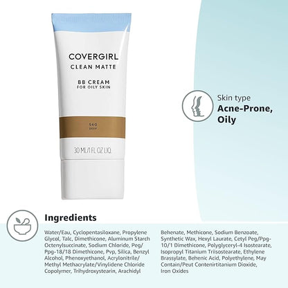 COVERGIRL - Clean Matte BB Cream, Oil-Free, Long-Lasting, Sensitive Skin, Lightweight, 100% Cruelty-Free