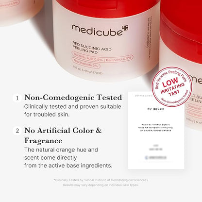 medicube Toner Pads Red Succinic Acid Panthenol Facial Peeling Pad | Exfoliating Toner Pad for Breakout-Prone Skin | Niacinamide, AHA, BHA, and Soothing Panthenol - Non-Comedogenic, 70 Pads (1 Pack)