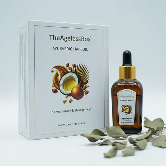 The Ageless Box Ayurvedic Hair Oil Serum – Reduces Hair Fall, Tames Frizz & Curls, Strengthens Roots & Supports Hair Growth – Amla, Argan, Bhringraj & Rosemary Blend – Vegan, Cruelty-Free – 50ml