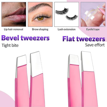 Blackhead Remover Tools Kit 5PCS: 2 × Blackhead Spatula Skin Tools, 2× Eyebrow Tweezers, 1 × 5X Mirror, Pore Prep Tool Pore Scraper, Stainless Pimple Extractor Tweezer Kit for Face & Nose (Pink)