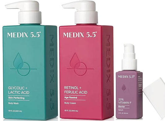 MEDIX Anti Aging Skin Care 3PC Set | Retinol Body Cream + Exfoliating AHA Glycolic Acid Foaming Face & Body Wash + Vitamin F Booster Serum, Wash + Treat + Hydrate Skincare Set