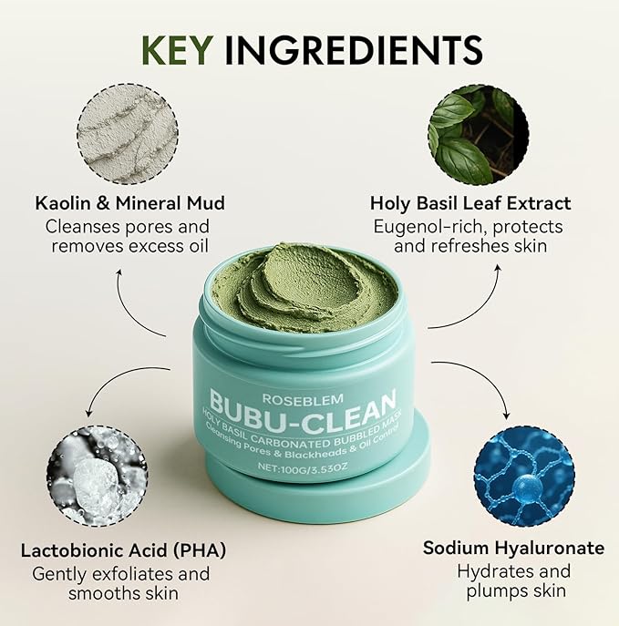 Holy Basil Bubble Deep Mask, Fast & Re-Bubbling Carbonated Clay Mask with Natural Mineral-Rich Mud for Pore Cleansing, Blackhead Removal & Balance Oil, Gentle & Fun Purifying Face Care, 3.53 Oz