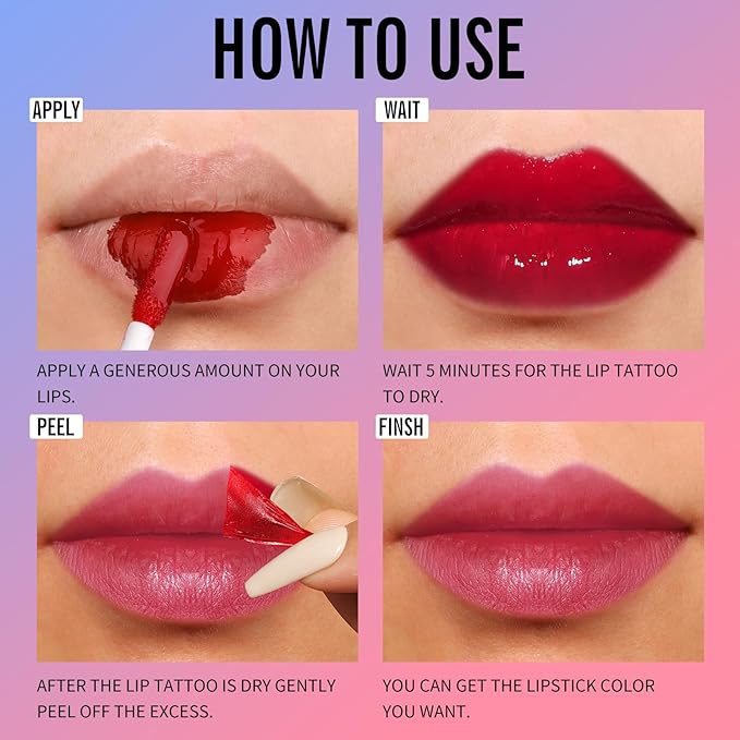 KIMUSE Tattoo Peel & Reveal Lip Stain, Waterproof Long Lasting Peel Off Lip Liner Tattoo, Non Stick Color Peel Off Mask Lip Gloss Makeup