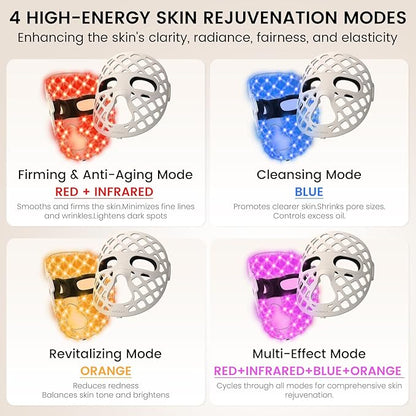 LED Face Mask Light Therapy, 4 Modes Portable Red Light Therapy Infrared Light for Face with 2600mAh Rechargeable, IP67 Washable, 216 LEDs for Anti-Aging, Skin Firming & Radiant Glow at Home