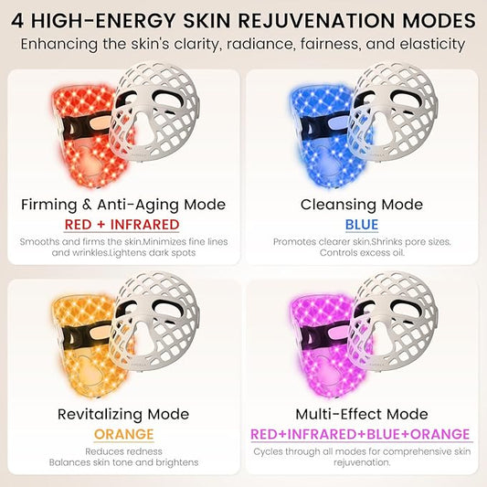 LED Face Mask Light Therapy, 4 Modes Portable Red Light Therapy Infrared Light for Face with 2600mAh Rechargeable, IP67 Washable, 216 LEDs for Anti-Aging, Skin Firming & Radiant Glow at Home