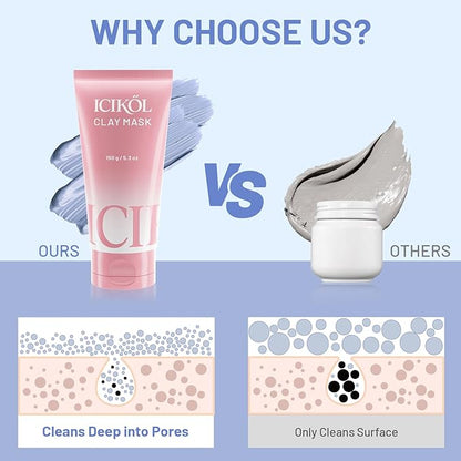 Deep Cleansing Blue Clay Mask for Face with Pearl Peptide, Radiance Mud Mask to Balance Oil and Moisture, Minimize Blackheads, Soothing Care Pore Cleansing Mask with Brush