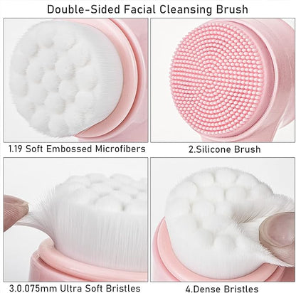 Facial Cleansing Brush 2 in 1, Face Exfoliating Scrubber Brush, Silicone Double Side Manual Face Wash Scrub Brush with Soft Bristles for Deep Pore Cleansing, Massaging, Skin Care, Pink