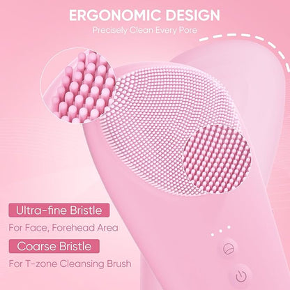 Silicone Face Scrubber Blackhead Scraper Rechargeable 2-in-1 Facial Cleansing Brush & Skin Spatula Duo, IPX7 Waterproof Exfoliating Massager Deep Cleansing for Women and Men（Light Pink）