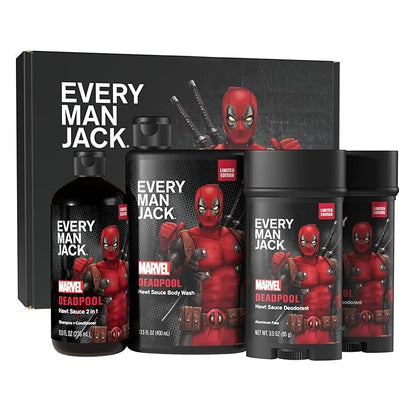 Every Man Jack Deadpool Body Set - Perfect for Every Guy & Marvel-Lover - Bath and Body Marvel Gift Set with Clean Ingredients & Incredible Scents - Includes Body Wash, Shampoo & Deodorant 2-Pack