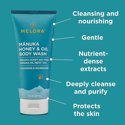 MELORA Manuka Honey Body Wash (7 Oz) - Moisturizing Skin Care Body Soap with Manuka Honey & Oil for Acne, Dry, or Sensitive Skin - Moisturizing Travel Size Shower Gel for Women & Men