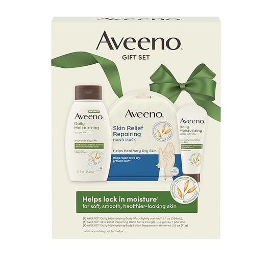 Aveeno Daily Moisture Gift Set, Skincare Set for Dry Skin with Nourishing Body Lotion, Moisturizing Body Wash, & Skin Relief Hand Mask, Formulated with Prebiotic Oat, Paraben-Free, 3 Items