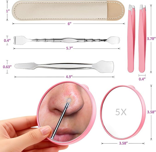 Blackhead Remover Tools Kit 5PCS: 2 × Blackhead Spatula Skin Tools, 2× Eyebrow Tweezers, 1 × 5X Mirror, Pore Prep Tool Pore Scraper, Stainless Pimple Extractor Tweezer Kit for Face & Nose (Pink)