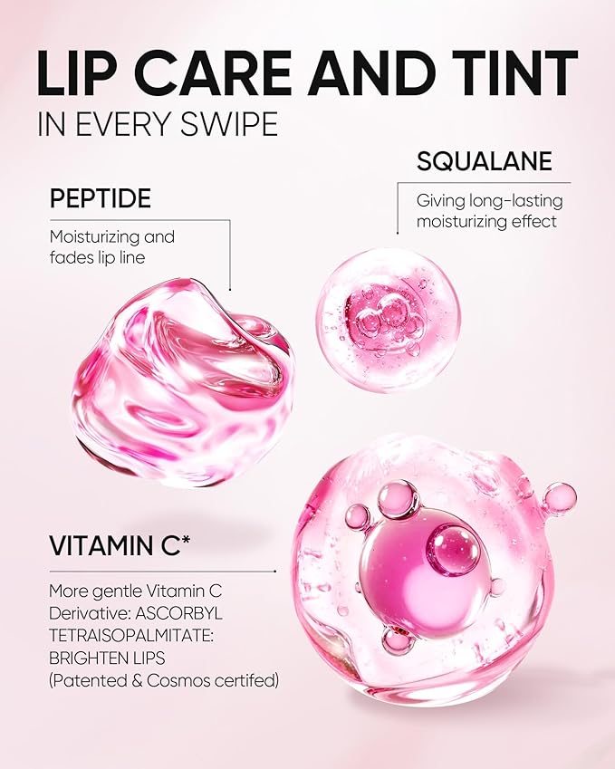 Peptide Brightening Lip Serum, Hydrating & Plumping Tinted Lip Gloss, Moisturizing Lip Balm with Polypeptides & Squalane for Glossy Sheer, Smooth Lips (06 Cherry Red)