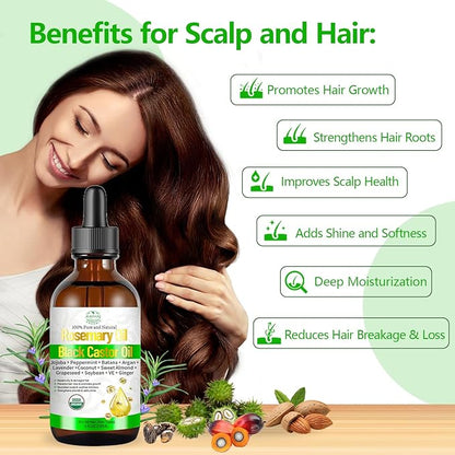 Organic Rosemary Oil for Hair Growth, Rosemary Oils with Castor – USDA Certified Cold Pressed Blend Hair Oil for Thicker, Fuller Hair, Soothe Itchy Scalp & Repair Damaged Hair – 4 FL OZ