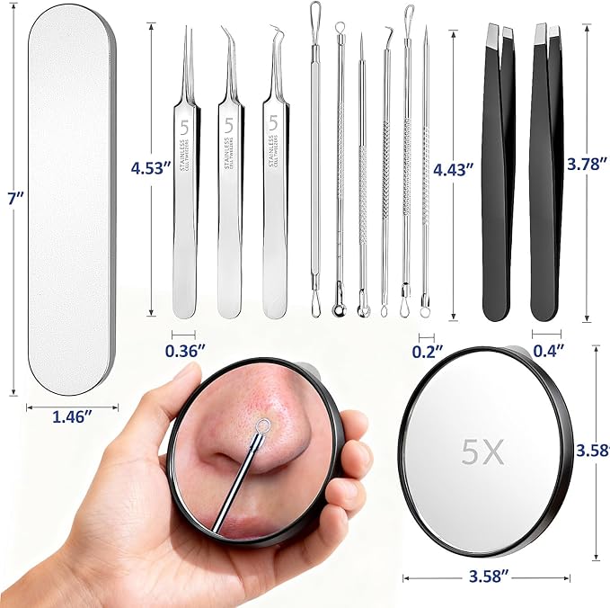 Pimple Popper Tool Kit 12PCS: 9 × Blackhead Removers, 2 ×Eyebrow Tweezers, 1 × 5X Mirror, Stainless Pimple Extractor, Blackhead, Acne, Blemish, Facial Hair Removal Tools Kit (Black)