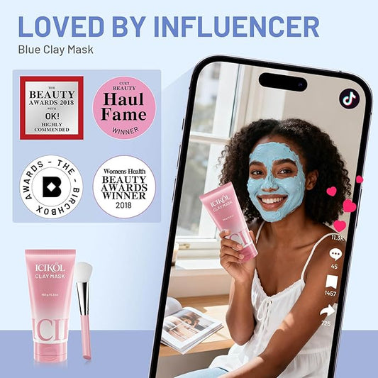 Deep Cleansing Blue Clay Mask for Face with Pearl Peptide, Radiance Mud Mask to Balance Oil and Moisture, Minimize Blackheads, Soothing Care Pore Cleansing Mask with Brush