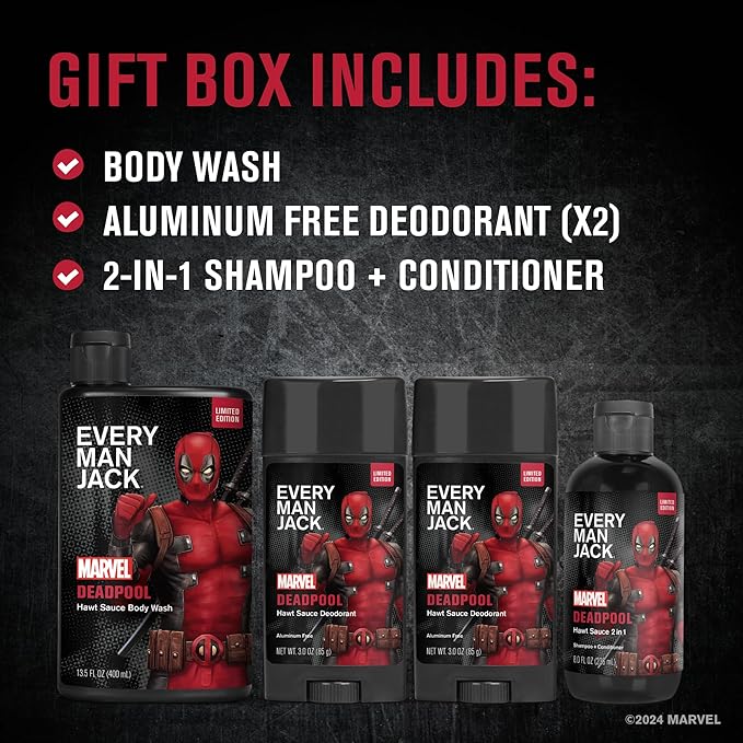 Every Man Jack Deadpool Body Set - Perfect for Every Guy & Marvel-Lover - Bath and Body Marvel Gift Set with Clean Ingredients & Incredible Scents - Includes Body Wash, Shampoo & Deodorant 2-Pack