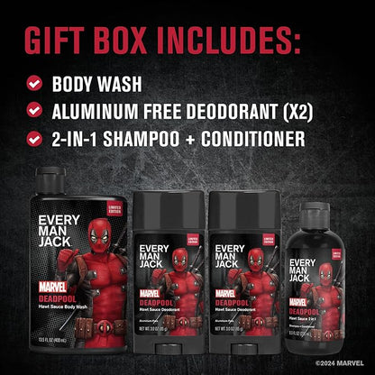 Every Man Jack Deadpool Body Set - Perfect for Every Guy & Marvel-Lover - Bath and Body Marvel Gift Set with Clean Ingredients & Incredible Scents - Includes Body Wash, Shampoo & Deodorant 2-Pack