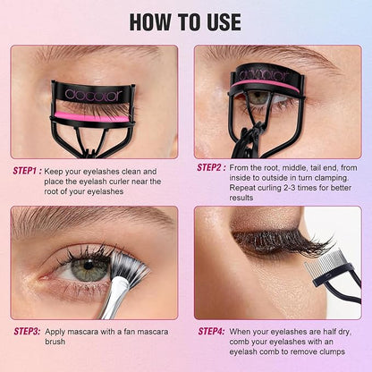 docolor Eyelash Curler Kit, 5 in 1 Lash Curler Kit, eyelash comb fan mascara brush eyelash extension tweezers eyebrow brush and comb with 6 Extra Replacement Refill Pads Eyelash Applicator Makeup Tool