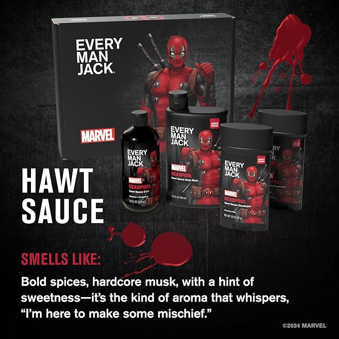 Every Man Jack Deadpool Body Set - Perfect for Every Guy & Marvel-Lover - Bath and Body Marvel Gift Set with Clean Ingredients & Incredible Scents - Includes Body Wash, Shampoo & Deodorant 2-Pack