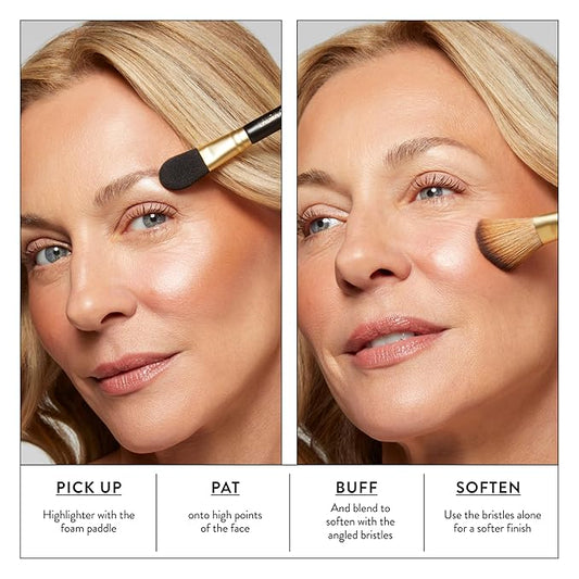 LAURA GELLER NEW YORK Dual-Ended Highlighter Brush - Multipurpose Makeup Brush for Highlighter, Blush, Bronzer and More - Includes Dual-Fiber Vegan Bristles and Satin Paddle for Flawless Application