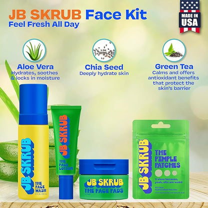 JB SKRUB The Face Kit – Pimple Patches, Pads, Wash & Lotion – Complete Skincare Set for Kids, Tweens & Teens