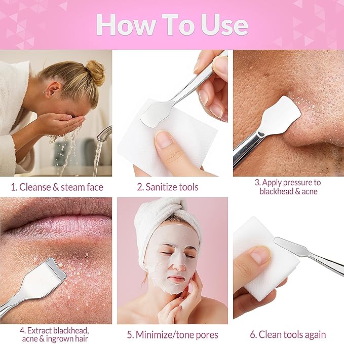 Blackhead Remover Tools Kit 5PCS: 2 × Blackhead Spatula Skin Tools, 2× Eyebrow Tweezers, 1 × 5X Mirror, Pore Prep Tool Pore Scraper, Stainless Pimple Extractor Tweezer Kit for Face & Nose (Pink)