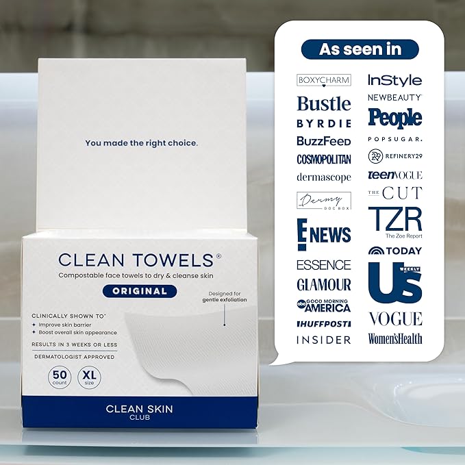 Clean Skin Club Clean Towels XL®, 100% USDA Biobased Face Towel, Disposable Face Towelette, Eczema Association Accepted, Makeup Remover Dry Wipes, Ultra Soft, 1 Pack, 50 Ct