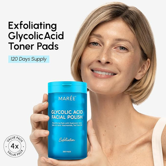 MAREE Glycolic Acid Pads – 200 Toner Pads for Face Cleansing – Facial Exfoliating Pad with Tea Tree Oil, Salicylic Acid & Vitamins E, B3, B5 – Acne Clearing Face Pad, Skin Pore Resurfacing & Radiance