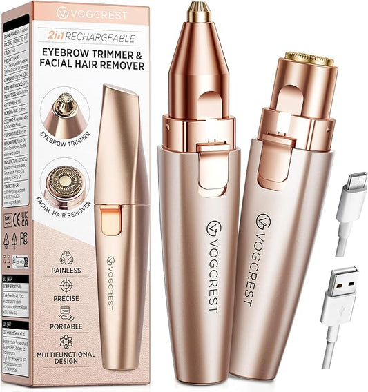VG VOGCREST Eyebrow & Facial Trimmer: 2 in1 Rechargeable Facial Hair Removal & Eyebrow Shaver - Body Razor with Built-in LED Light (Rose Gold)