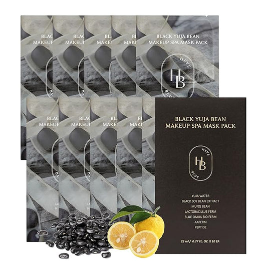 HEVEBLUE Black Yuja Bean Makeup Spa Mask Pack 10ea - 0.8 Fl. Oz of Ampoule Per Sheet, Nourishing, Sensitive Skin, Korean Skincare, Aesthetic, Moisturizing, Vegan, Hypoallergenic, K-Beauty