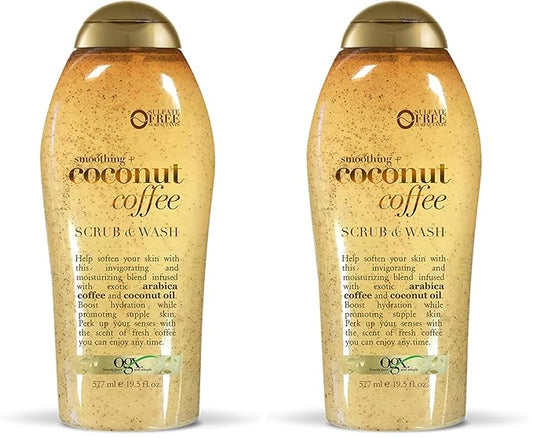 OGX Smoothing + Coconut Coffee Exfoliating Body Scrub with Arabica Coffee & Coconut Oil, Moisturizing Body Wash for Dry Skin, Paraben-Free with Sulfate-Free Surfactants, 19.5 Fl Oz (Pack of 2)