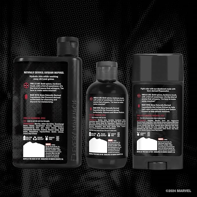Every Man Jack Deadpool Body Set - Perfect for Every Guy & Marvel-Lover - Bath and Body Marvel Gift Set with Clean Ingredients & Incredible Scents - Includes Body Wash, Shampoo & Deodorant 2-Pack