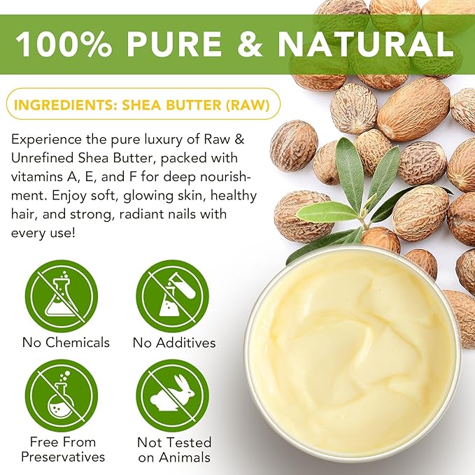 Shea Butter Raw Organic,Pure Shea Butter Unrefined for Body, Face & Hair,Long-Lasting Hydration for Dry Skin, Hair Care, DIY Lip Balm, Natural Moisturizer-100% Natural Vitamin A, E & F-7.8 oz