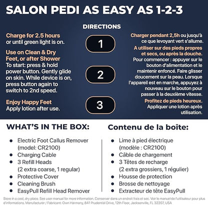 Electric Foot Callus Remover with Vacuum - Own Harmony Professional Pedicure Tools Kit for Powerful Pedi Feet Care Vac, Electronic Foot File CR2100, Best for Hard, Dry, Cracked, Dead Skin (3 Rollers)