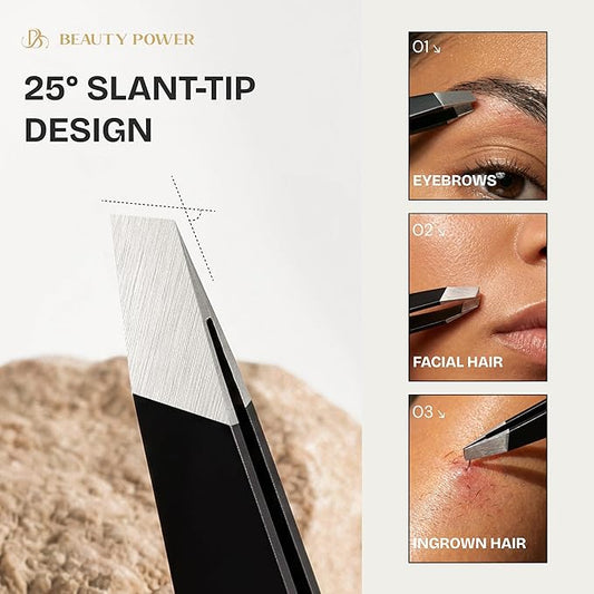 Professional Ultra-Precision Slant Tweezers for Women Facial Hair - German Stainless Steel, Tweezers for Men & Women, Black Eyebrow Tweezer for Ingrown Hair - Black