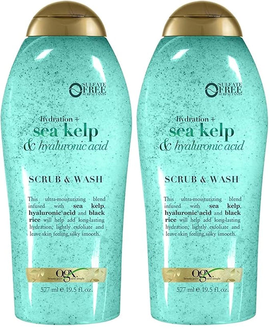 OGX Hydration + Sea Kelp & Hyaluronic Acid Sulfate-Free Lightly Moisturizing Body Scrub with Black Rice, Gentle Exfoliating Daily Body Wash to Soften & Smooth Skin, 19.5 Fl Oz (Pack of 2)