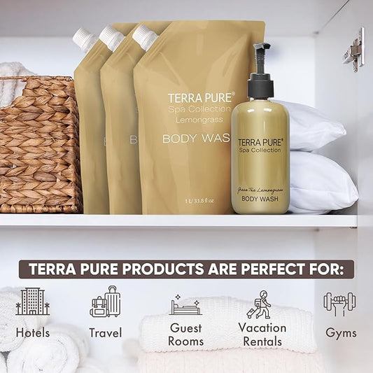 Terra Pure Spa Collection 1 Liter Body Wash Refill Bag For Soap Dispensers | Bulk Toiletries for Vacation Rentals, and Home Bathroom Showers | Green Tea Lemongrass | Set of 12
